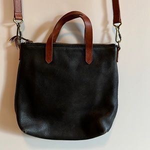 Madewell black and brown leather purse handles and strap, stripped cloth inside